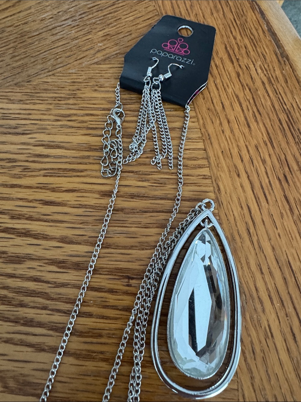 Paparazzi Silver Teardrop Crystal Clear Pendant Necklace and earrings set